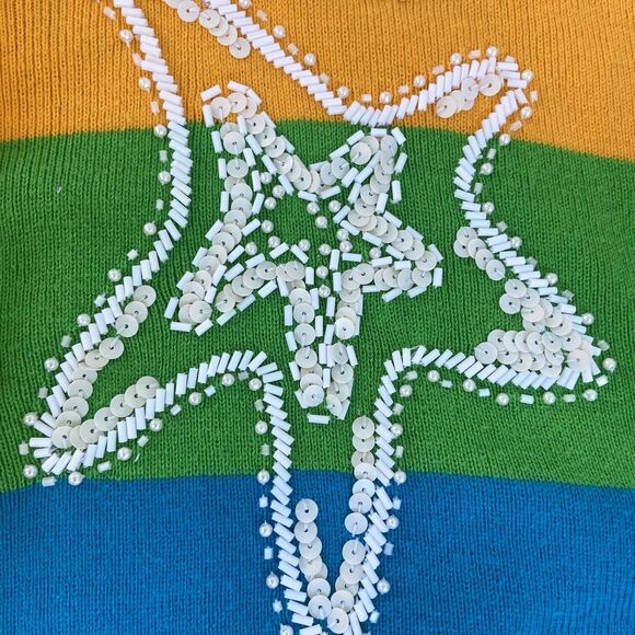 Vintage 80s 90s IB Diffusion Ocean Fish Striped Cardigan Sweater Beaded Sequin - Picture 9 of 11